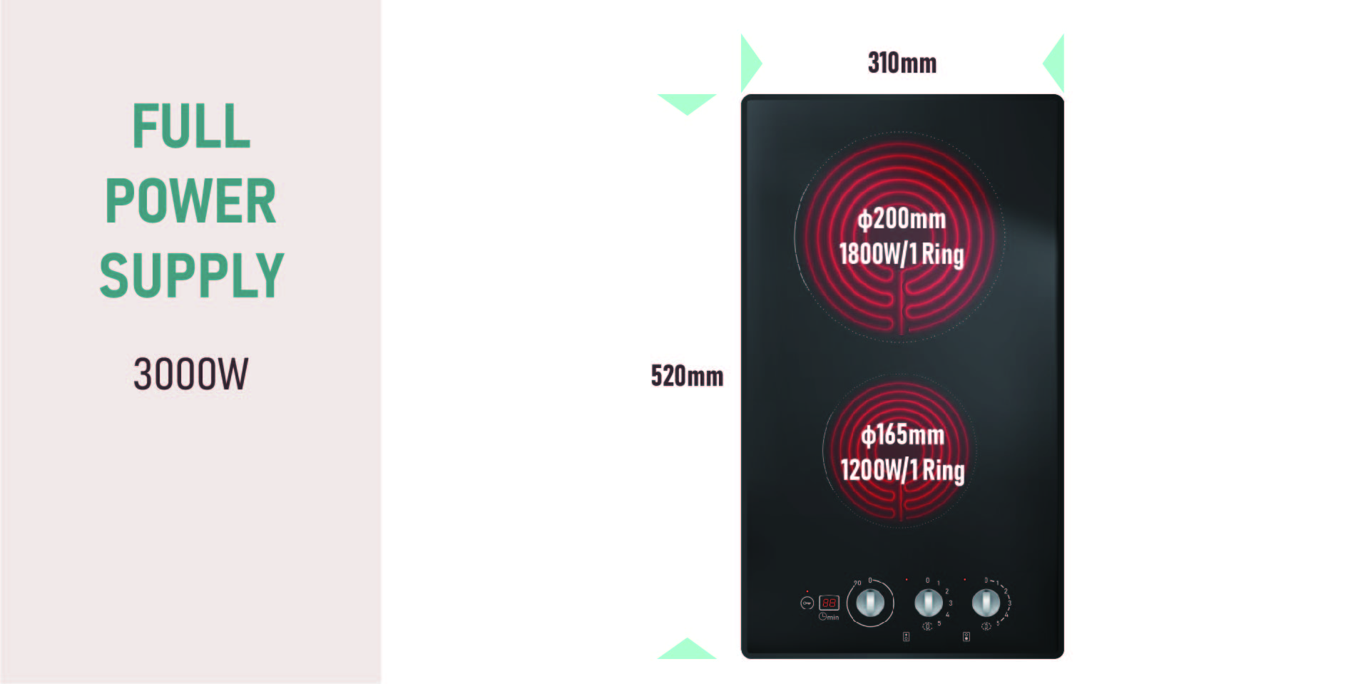 Quality 220-240V Built-in 2 Burner Electric Cooktop with Knob Control 3000W Hard Wired No Plug Manufacturer | เหลา