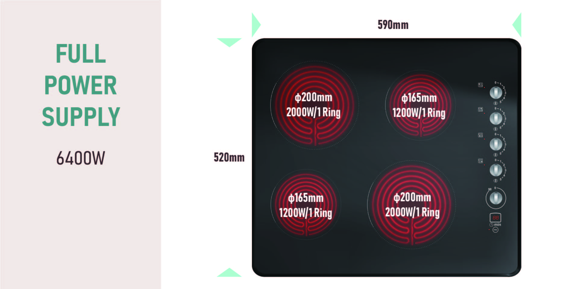 موقد سيراميك مدمج 600 مم مخصص من 4 مناطق مع مصنعي التحكم في المقبض من الصين | توسيع
