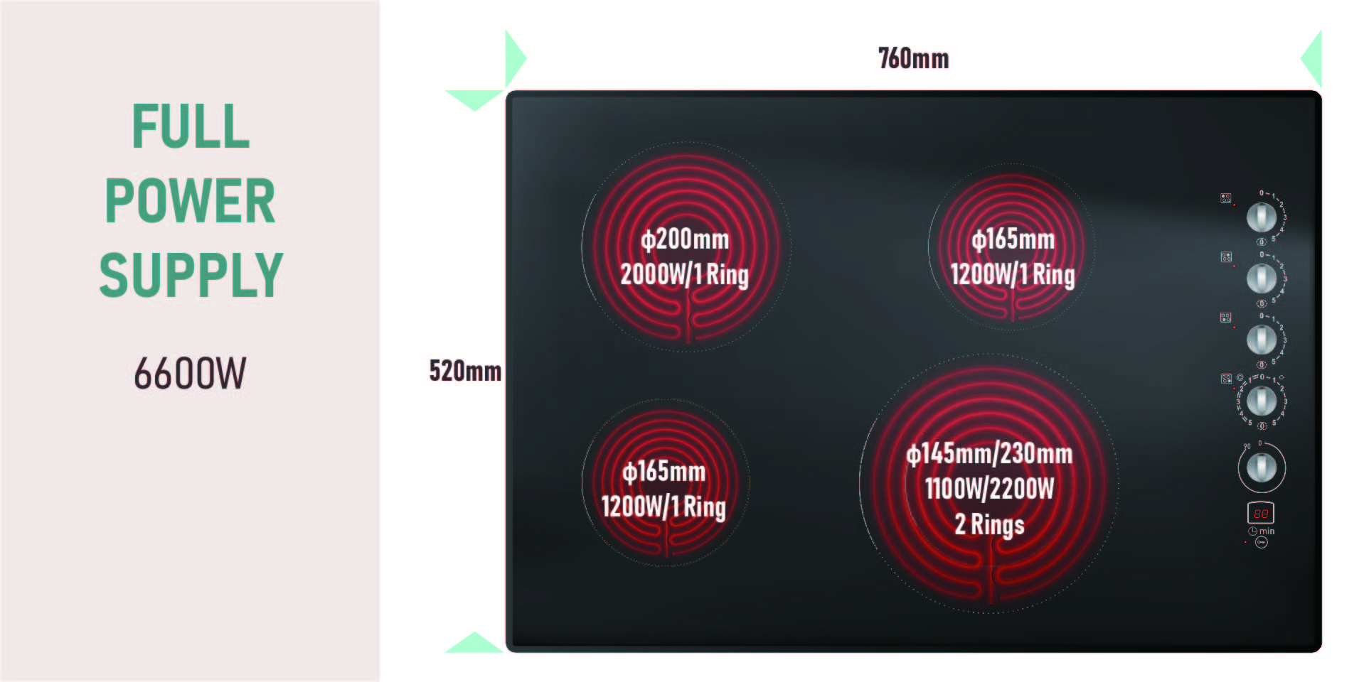 Высококачественный боковой контроль черная керамическая безрамная плита с 4 Hi-Lite Cooking Zones Оптом-Shenzhen H-One