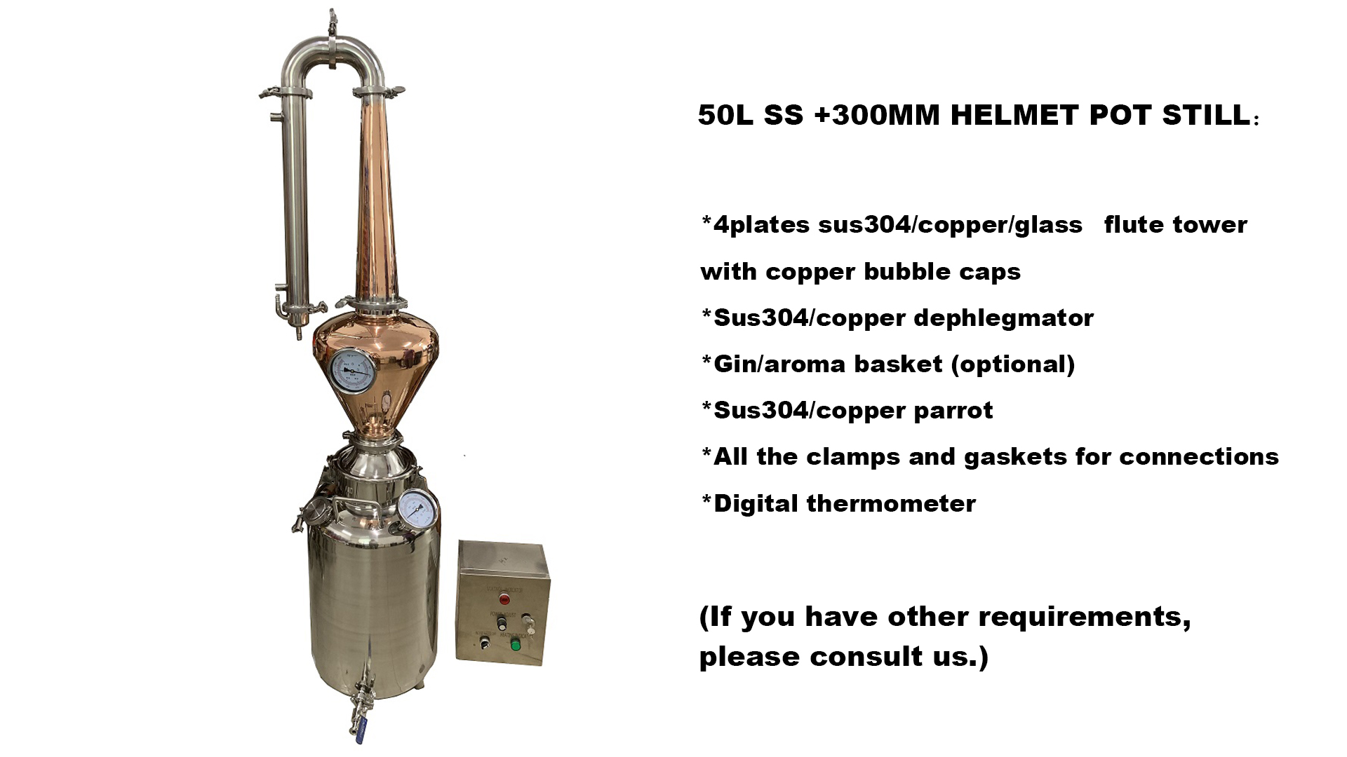 50L ss boiler with 250mm copper helmet pot still