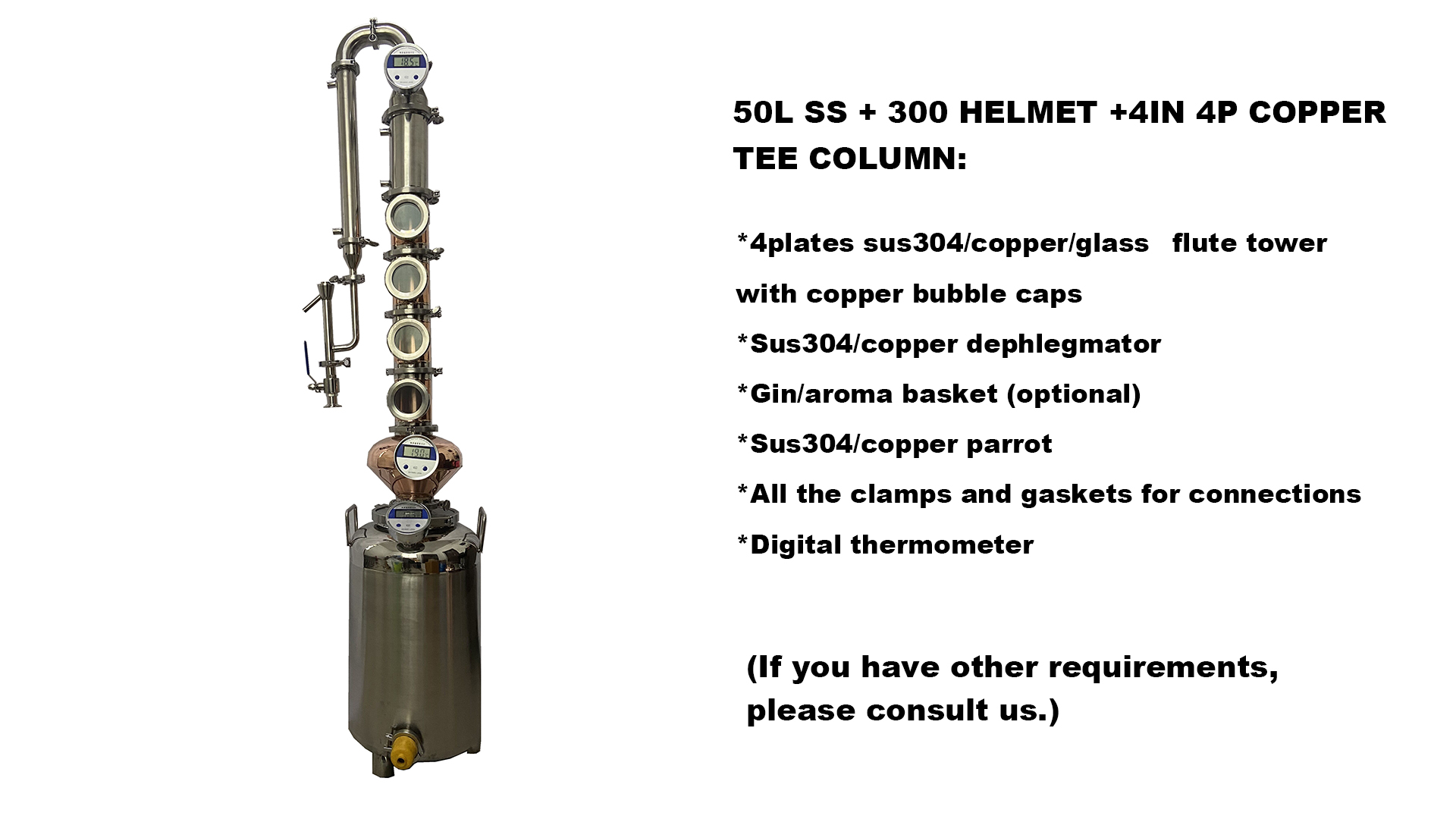 50l ss boiler with 300mm copper helmet with 4inch4plates copper tee column