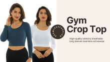 Seamless Stretchy Women's Basic Solid Stretchable Scoop Neck Long Sleeve Crop Top