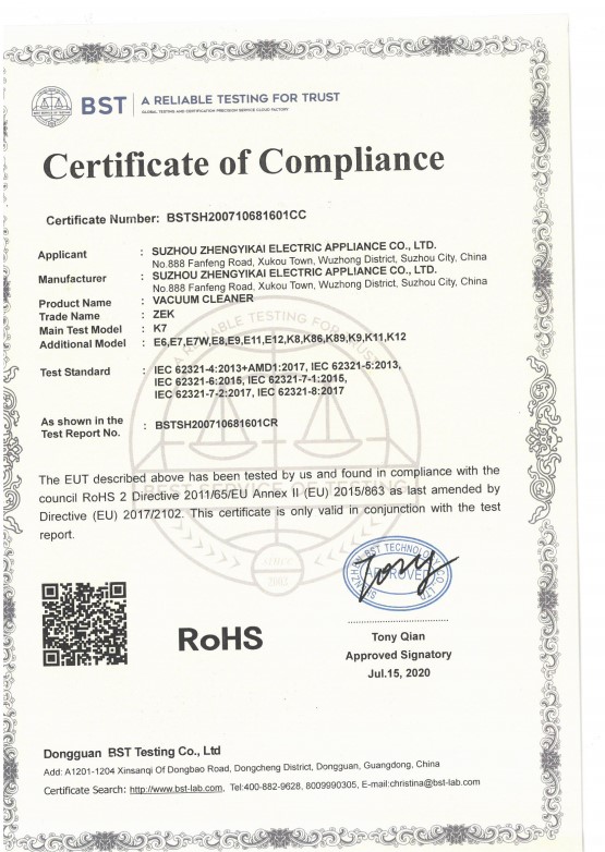 ZEK K7 Vacuum Cleaner ROHS Certificate Of Compliance
