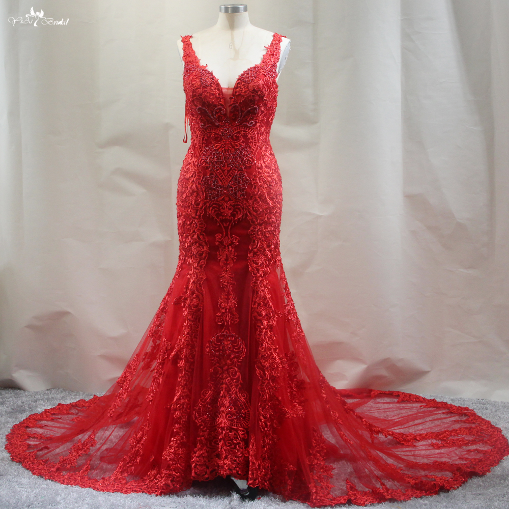 V Neckline Sheer Long Train Lace Appliques Mermaid Wedding Dresses Red Dress 