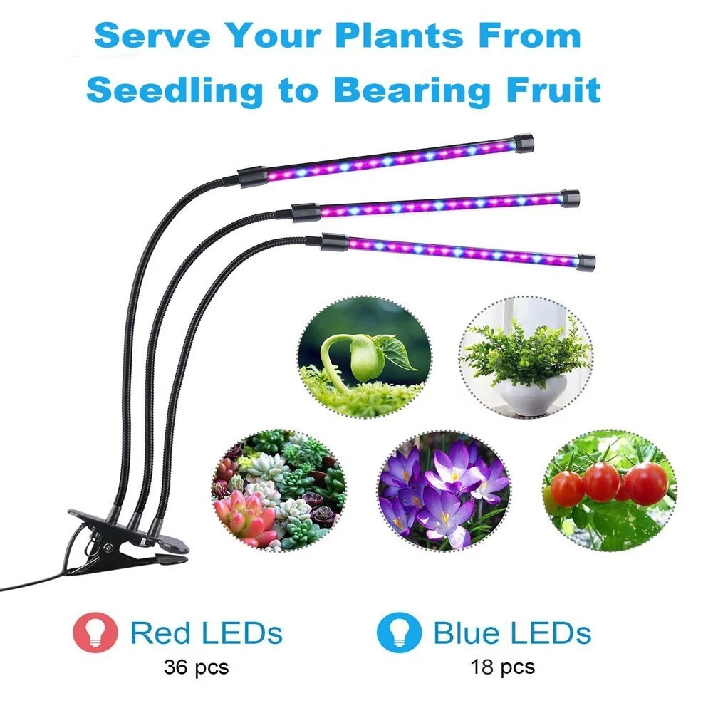 Tres y cuatro conexiones USB, rojo, 600nm, azul, 450nm, 30W, lámpara con abrazadera, luz Led para cultivo de plantas de interior, ajuste de 360 ​​grados