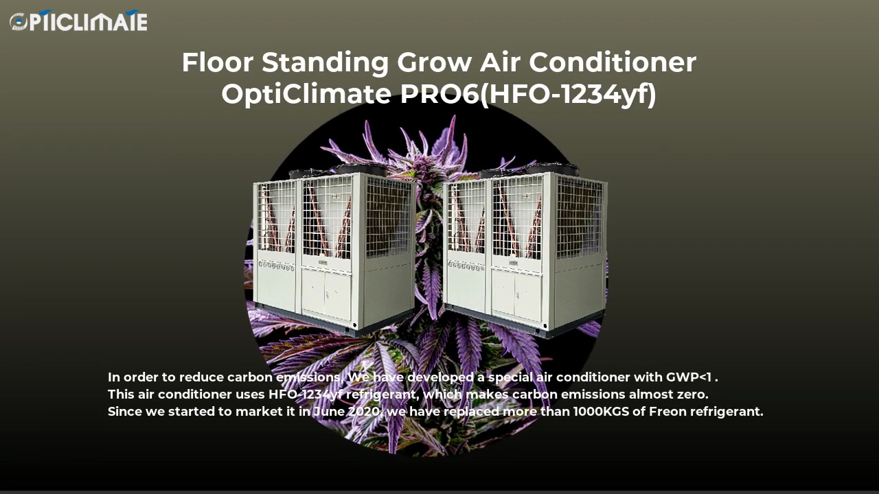 Floor Standing Grow Air Conditioner.OptiClimate PRO6(HFO-1234yf)In order to reduce carbon emissions, We have developed a special air conditioner with GWP<1 . .This air conditioner uses HFO-1234yf refrigerant, which makes carbon emissions almost zero.Since we started to market it in June 2020, we have replaced more than 1000KGS of Freon refrigerant.