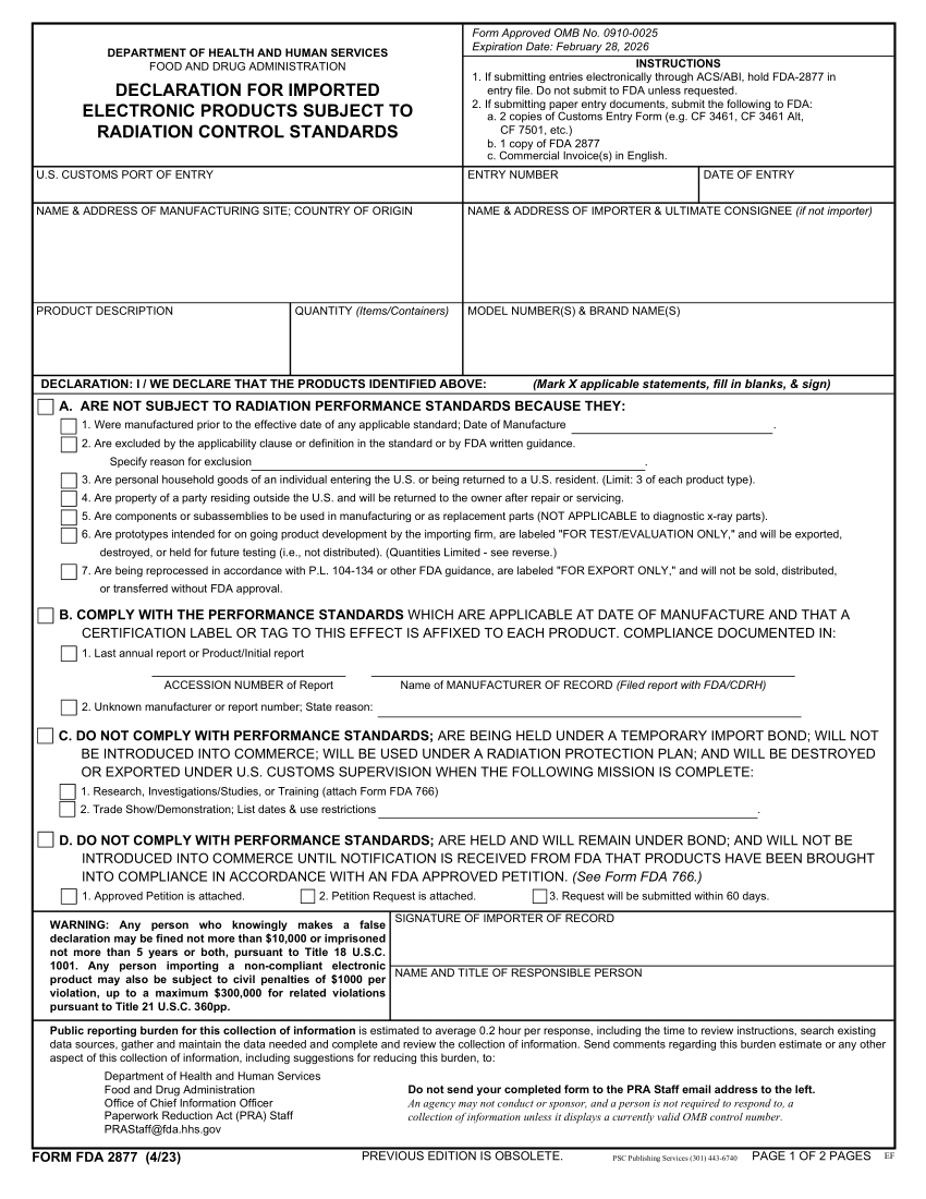 form FDA 2877