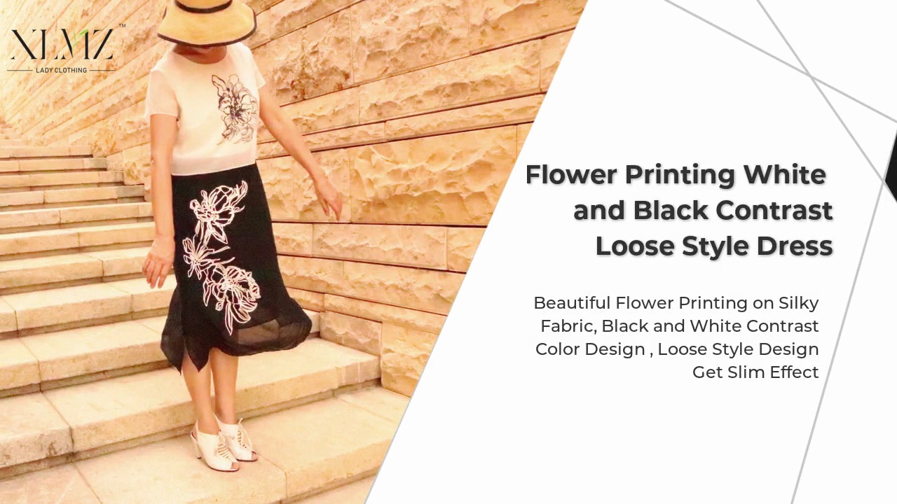 Flower Printing White .and Black Contrast.Loose Style Dress.Beautiful Flower Printing on Silky.Fabric, Black and White Contrast.Color Design , Loose Style Design.Get Slim Effect.