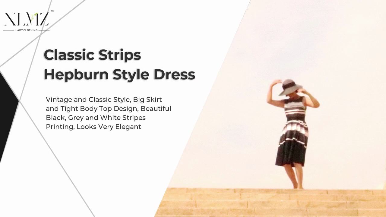 Classic Strips .Hepburn Style Dress.Vintage and Classic Style, Big Skirt .and Tight Body Top Design, Beautiful .Black, Grey and White Stripes .Printing, Looks Very Elegant.