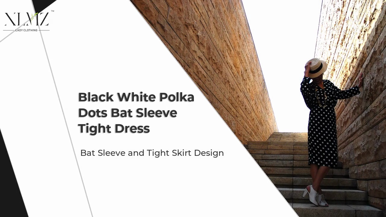 Black White Polka .Dots Bat Sleeve .Tight Dress.Bat Sleeve and Tight Skirt Design.