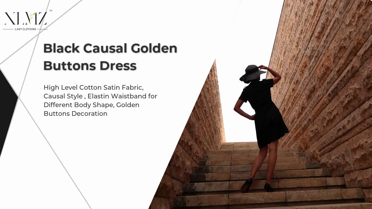 Black Causal Golden .Buttons Dress.High Level Cotton Satin Fabric, .Causal Style , Elastin Waistband for .Different Body Shape, Golden .Buttons Decoration.