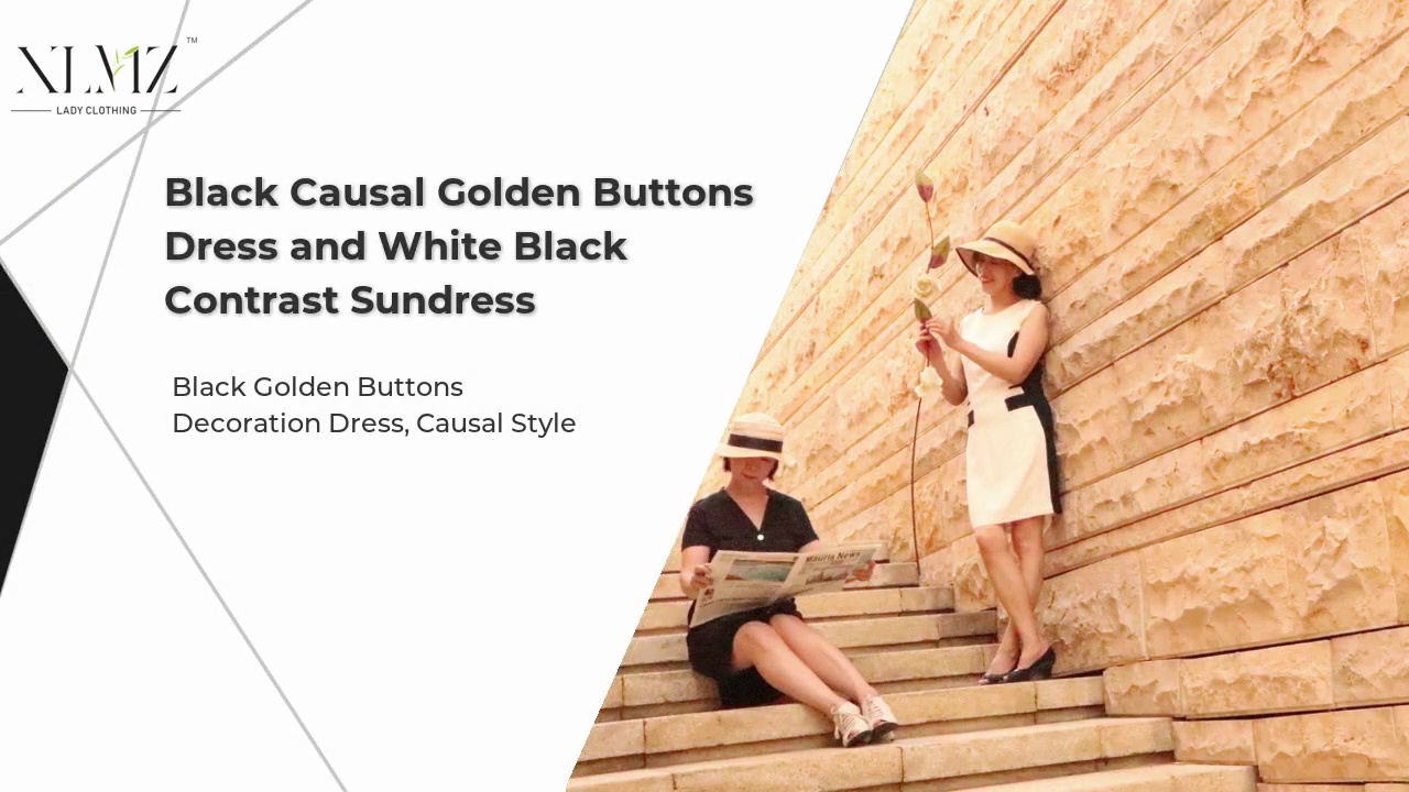 Black Causal Golden Buttons .Dress and White Black .Contrast Sundress.Black Golden Buttons .Decoration Dress, Causal Style.