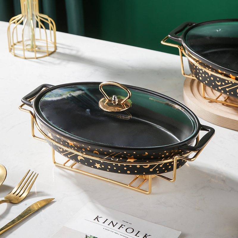 Nordic style household ceramic soup pot with cover and iron frame set heating dry pot tableware