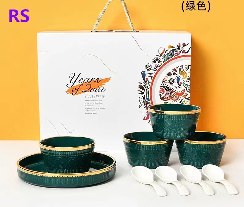 Creative and luxurious green ceramic tableware gift set gift bowl plate