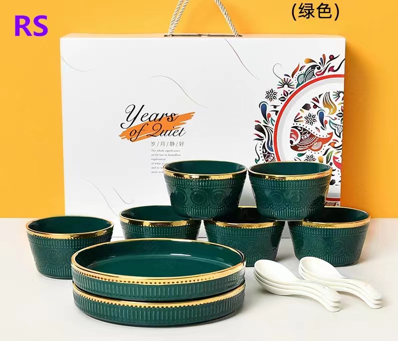 Creative and luxurious green ceramic tableware gift set gift bowl plate