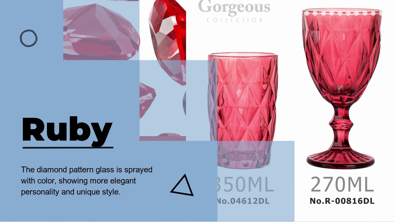 The diamond pattern glass is sprayed .with color, showing more elegant .personality and unique style.Ruby.