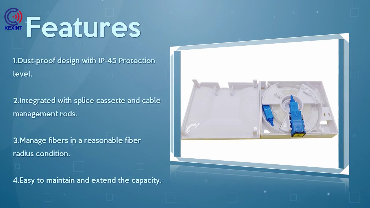 Features.1.Dust-proof design with IP-45 Protection .level. ..2.Integrated with splice cassette and cable .management rods. ..3.Manage fibers in a reasonable fiber .radius condition. ..4.Easy to maintain and extend the capacity. .