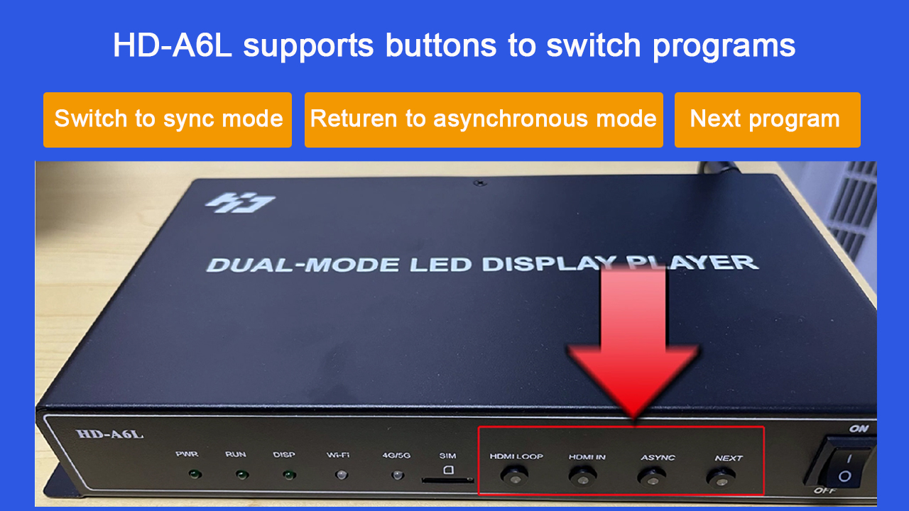 LED 디스플레이 멀티미디어 플레이어 HD-A6L은 프로그램을 전환하는 버튼을 지원합니다.