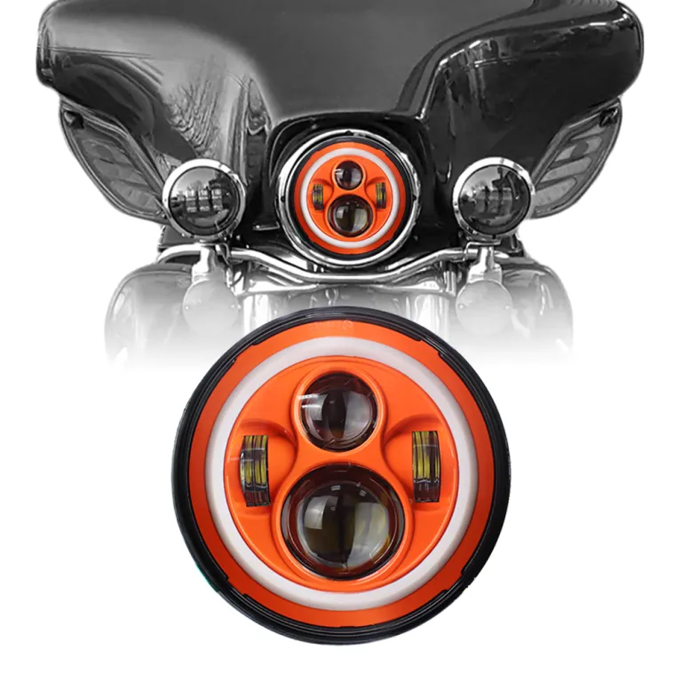 Orange 7" Round LED Headlight – Hi/Lo Beam, Halo Angle Eyes, Jeep Wrangler JK LJ, Yellow/White Halos