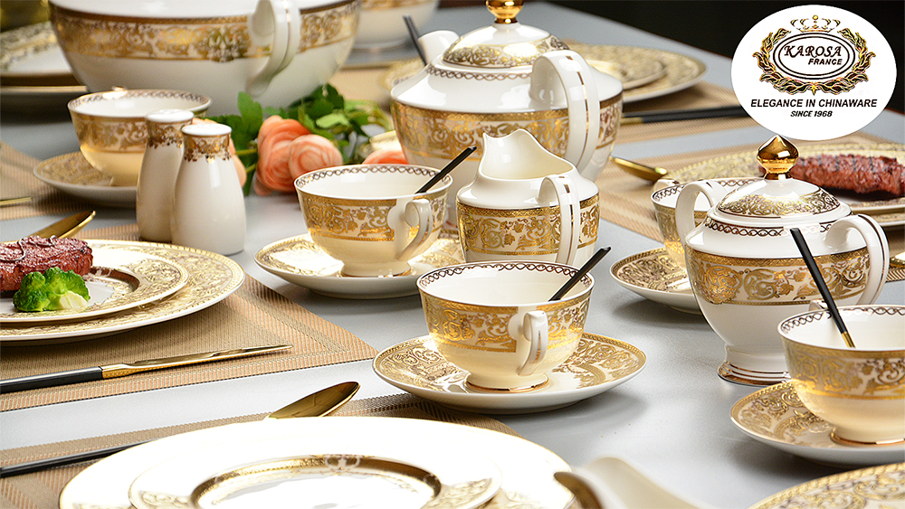 High Quality luxury embossed gold royal style dinnerware porcelain