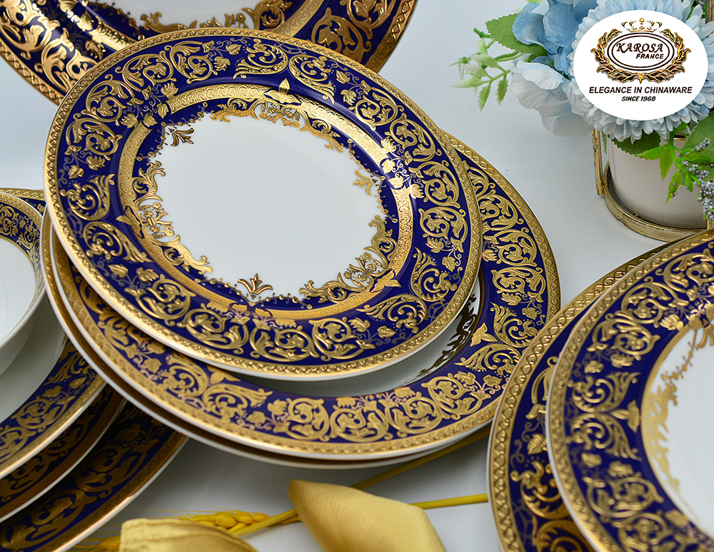 karosa Germany shiny gold decorated bone china dinner set for 12 people