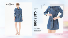 Factory Price Blue Denim Fabrics Women Overcoat Special Design Belt Jacket Denim Dress