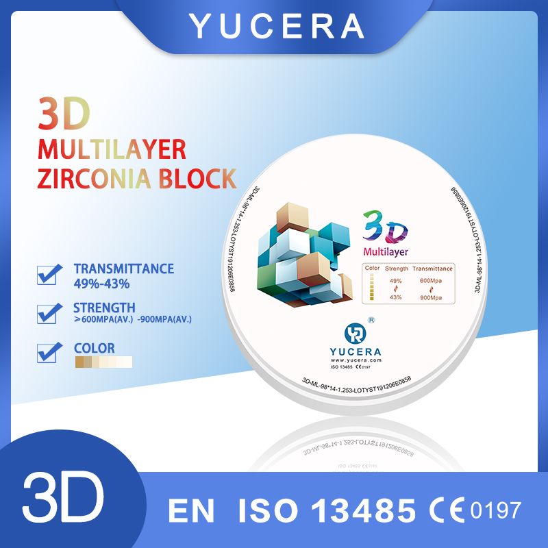 Най-добрият многослоен дентален блок от цирконий YUCERA cad cam блок силен цирконий стоматологичен лабораторен материал фасети Фабрична цена