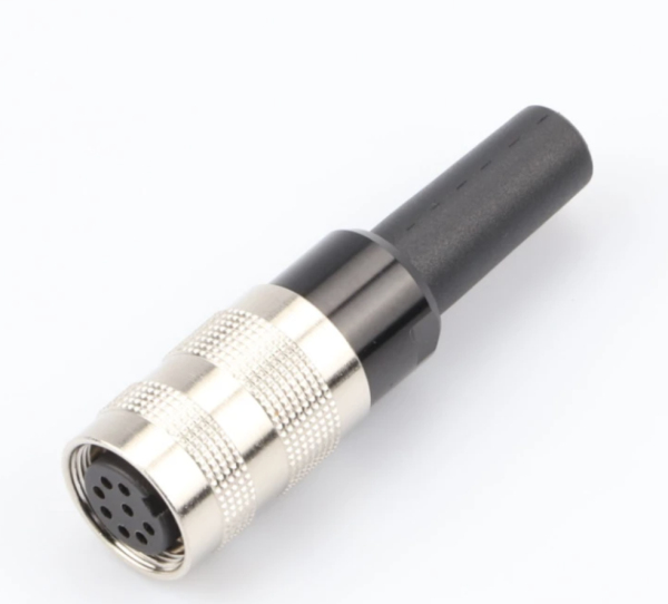 מחבר עגול MOCO M16 עם מעטפת מתכת מושחלת וממשק נקבה מרובה פינים.