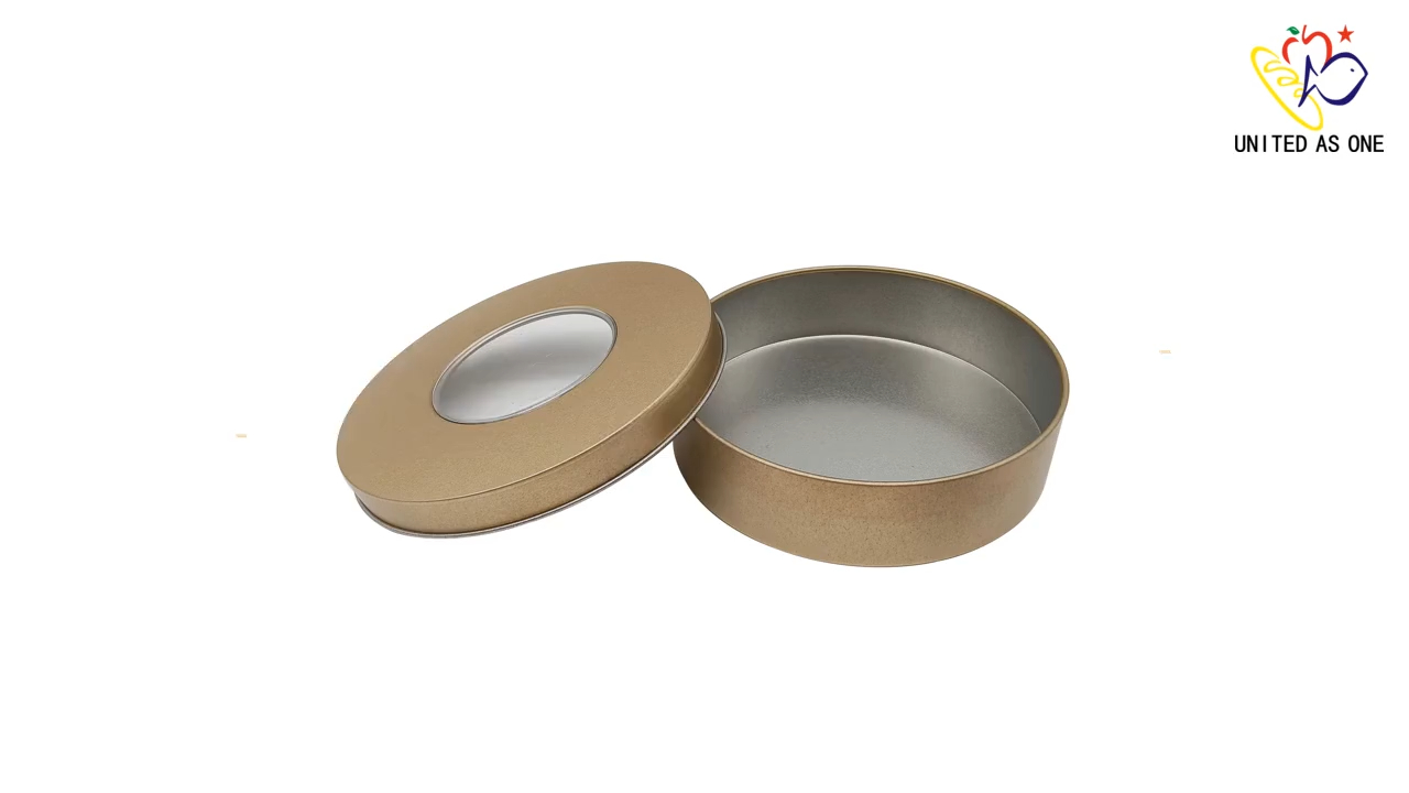 Round empty tin container with a clear window lid for storing food – Color Can.