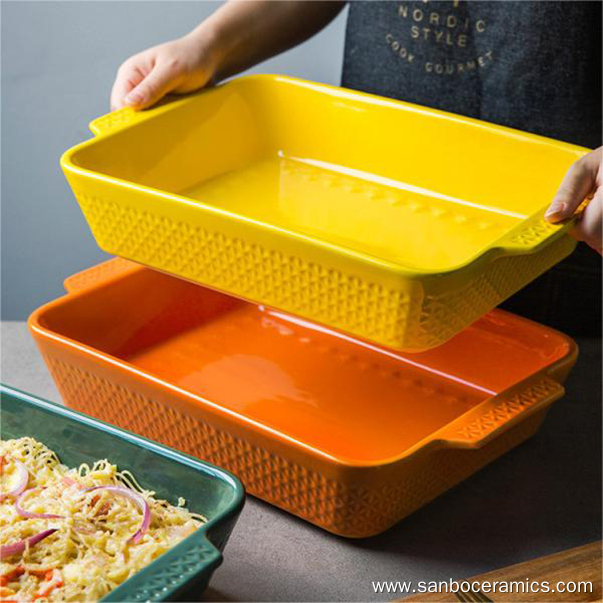 Ceramic rectangle plate serving baking dish with handle bake ware
